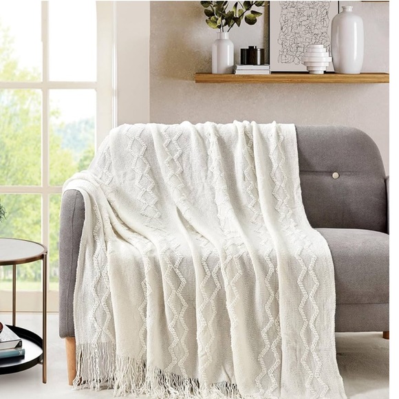BOURINA Fluffy Chenille Knitted Fringe Throw Blanket, Off White 50" x 60" - Picture 2 of 7